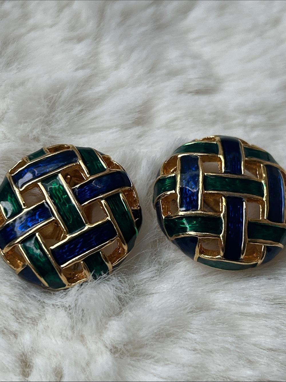 Gold-Tone Woven Enamel Clip Earrings - Blue & Green